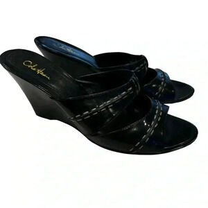 Cole Haan black leather wedge sandals with white stitching. Size 8.5